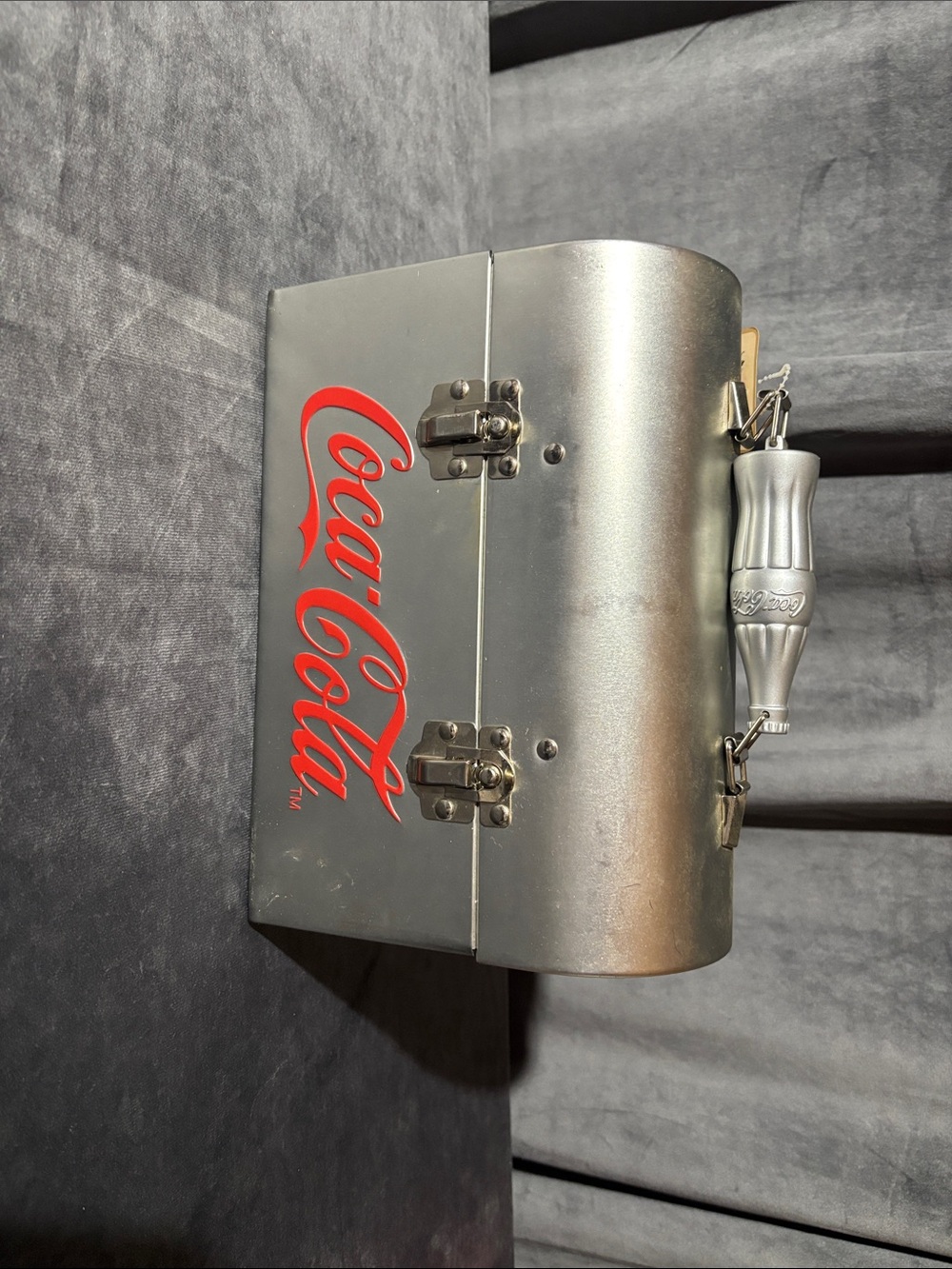 Coca-Cola Silver Tin Lunch Box with Red Script Logo